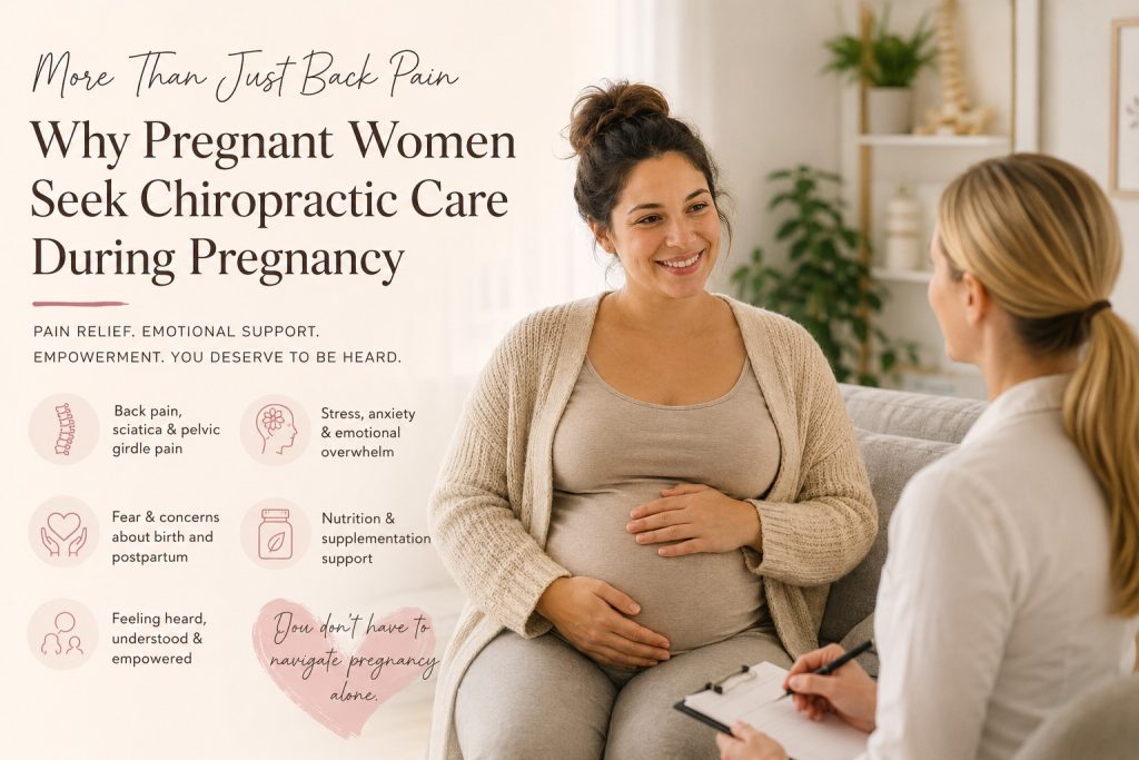 Pregnant woman sitting comfortably while speaking with a female chiropractor in a calm wellness clinic, representing physical and emotional support during pregnancy, including back pain, sciatica, stress, and postpartum concerns.