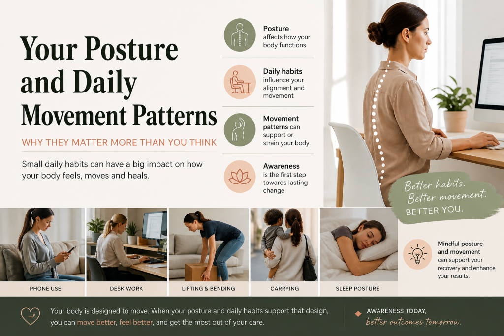 Infographic showing posture and daily movement patterns, including desk work, phone use, lifting, carrying and sleep positions, and how they can affect pain and recovery