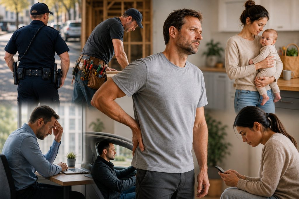 A chiropractic health image showing everyday habits that may contribute to recurring back pain, including a police officer wearing a duty belt, a tradesman with a tool belt, a mother holding her baby, an office worker sitting at a desk, a driver commuting, and a person looking down at a smartphone.