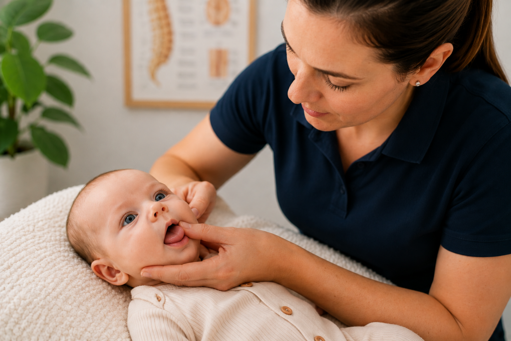 Paediatric chiropractor gently assessing a baby's mouth, jaw and tongue function as part of a tongue tie and breastfeeding support assessment.