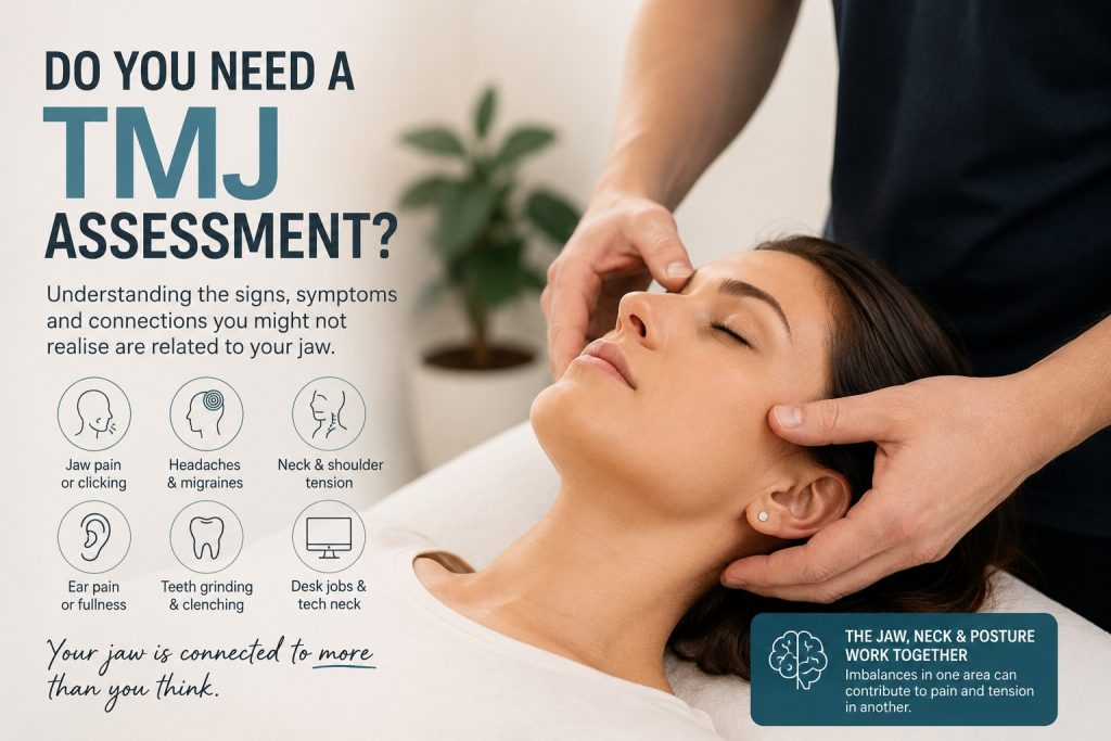 Female patient receiving a TMJ assessment for jaw pain, clicking jaw, headaches, neck tension, teeth grinding, and facial discomfort.