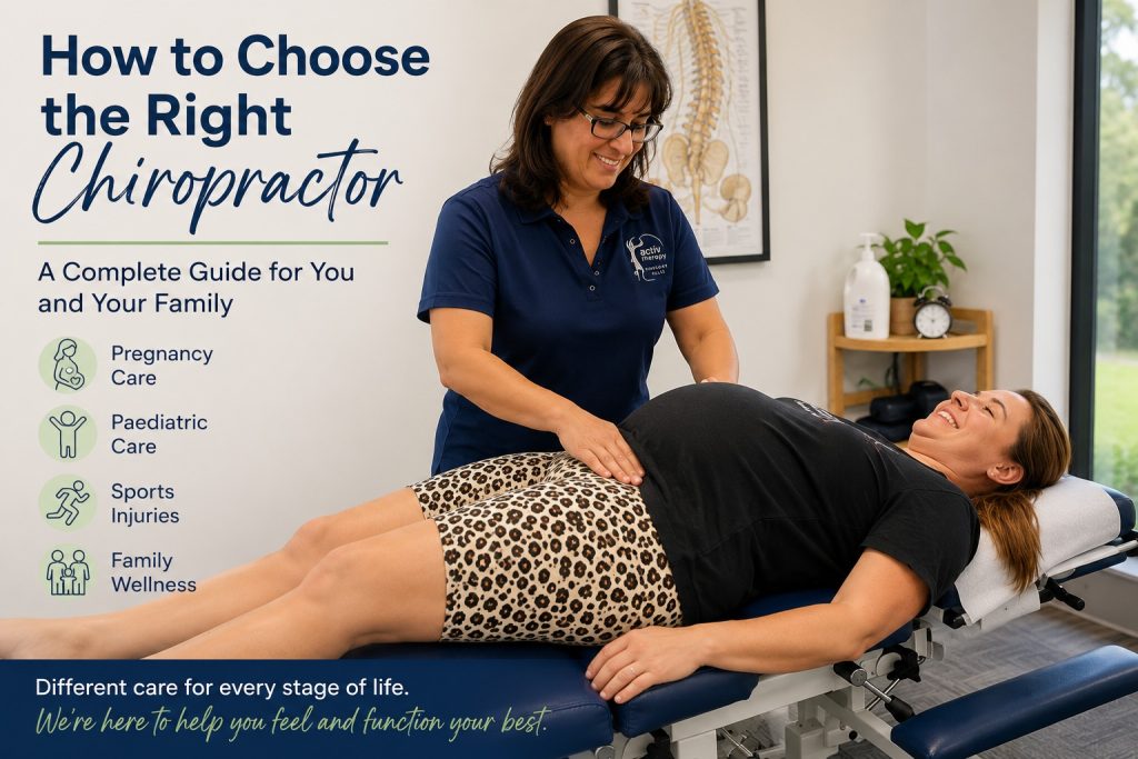 Pregnant woman receiving a gentle chiropractic assessment while highlighting different chiropractic specialties including pregnancy, paediatric, sports and family chiropractic care.