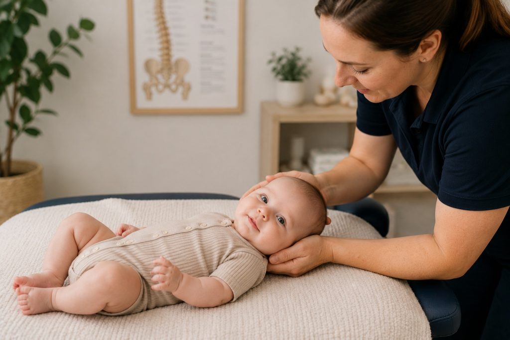 Baby receiving a gentle paediatric chiropractic assessment to evaluate posture, neck movement, feeding-related tension and overall comfort.