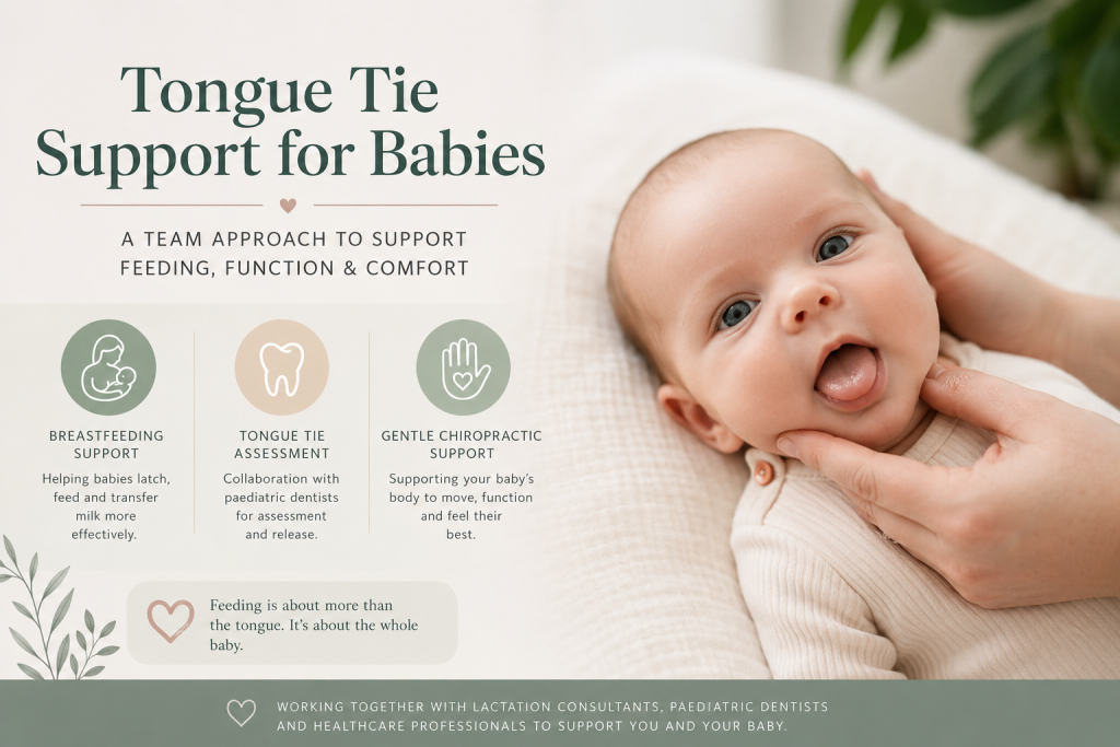 Baby receiving gentle paediatric chiropractic assessment as part of tongue tie support and breastfeeding care alongside lactation consultants and paediatric dentists.