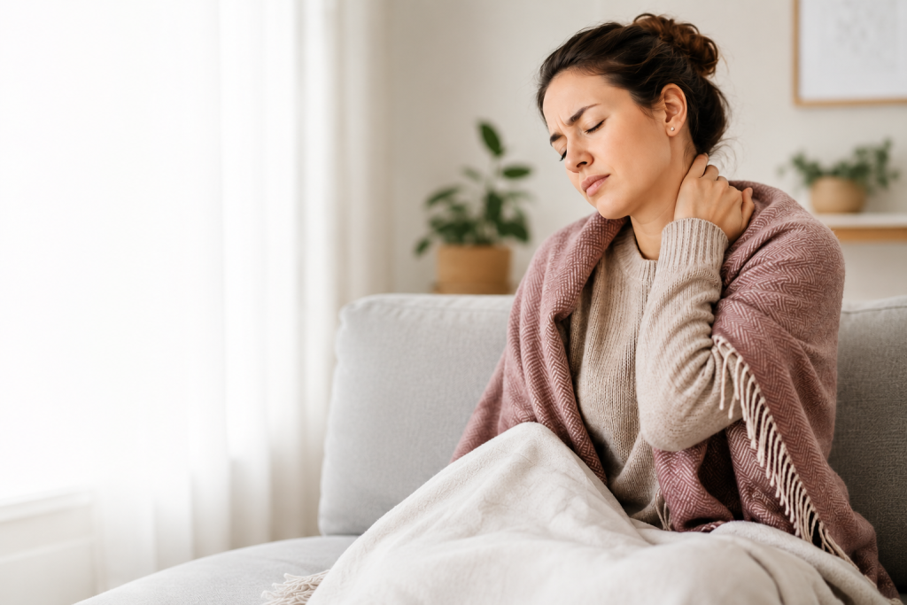 Woman wrapped in a blanket sitting on a couch holding her neck, experiencing neck pain and muscle tension after recovering from a winter illness.