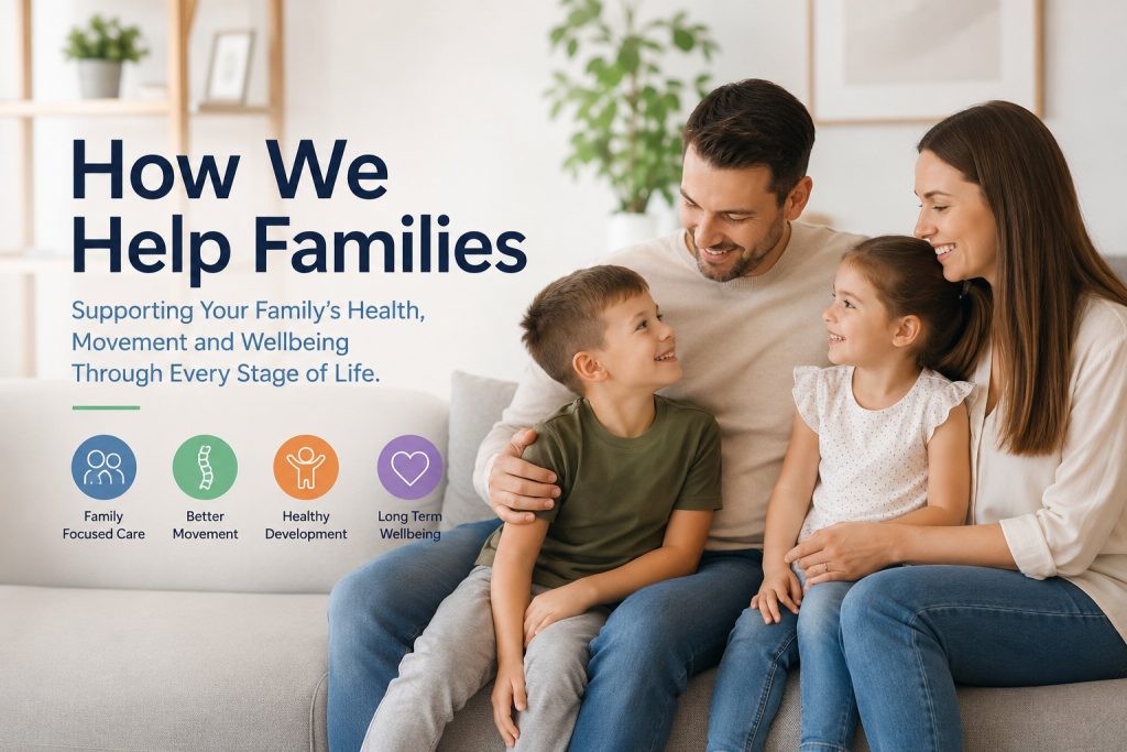 Happy family sitting together and smiling, representing family chiropractic care, children's health, movement, development and wellbeing through every stage of life.