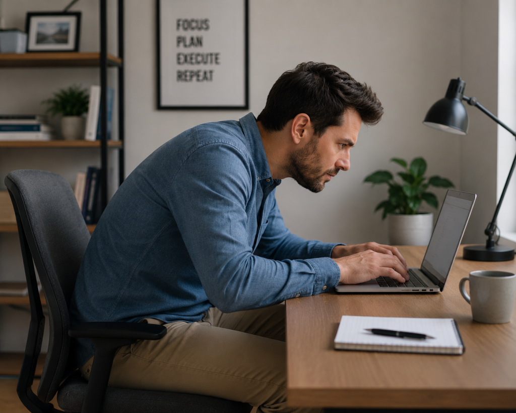 Office worker sitting with poor posture while using a laptop, demonstrating forward head posture, rounded shoulders and prolonged sitting positions that may contribute to neck pain, shoulder tension and back pain.