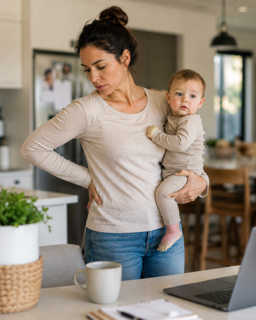 Mother carrying a toddler on one hip while standing in her kitchen, demonstrating a common everyday habit that may contribute to lower back pain, pelvic imbalance, shoulder tension and postural strain.