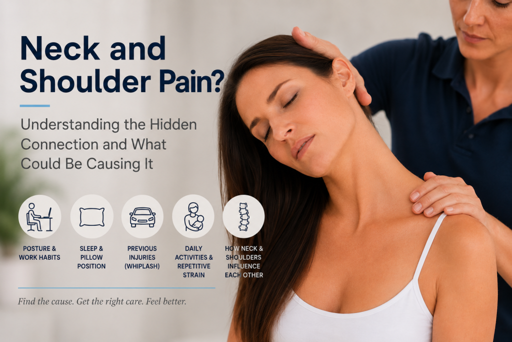 Woman receiving a neck and shoulder assessment from a chiropractor while discussing common causes of neck pain, shoulder tension, posture problems, sleep habits, and previous injuries.