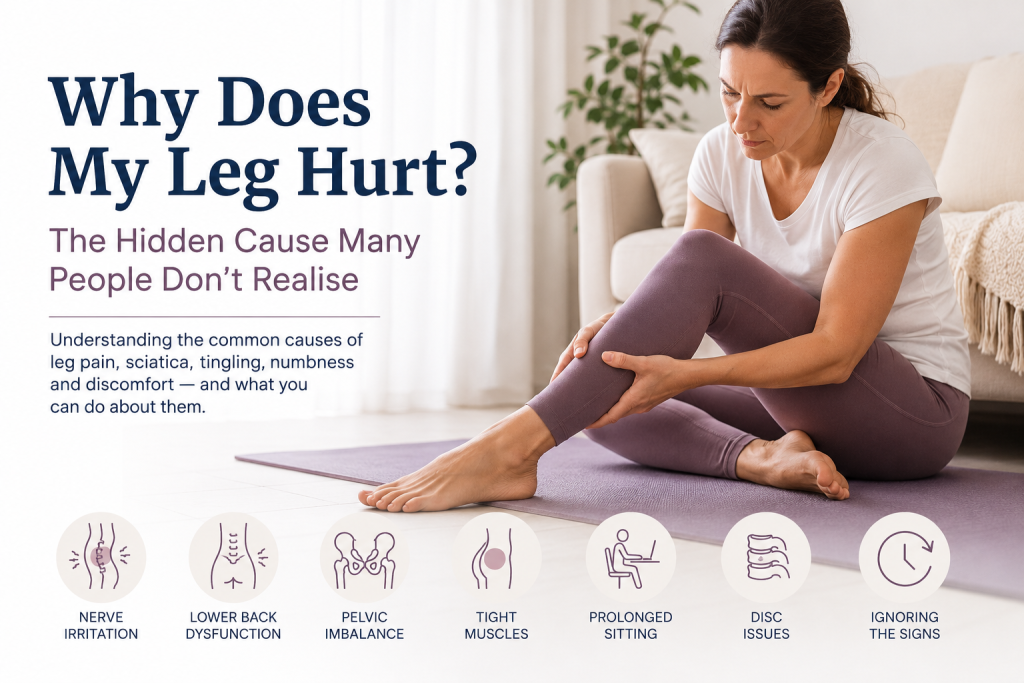 Woman holding her lower leg while sitting on a yoga mat, with illustrations showing common causes of leg pain and sciatica including nerve irritation, lower back dysfunction, pelvic imbalance, tight muscles, prolonged sitting and disc-related issues.