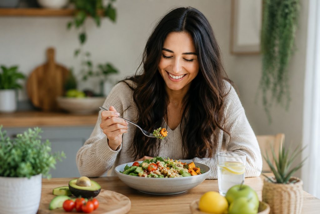 Woman smiling while eating a colourful healthy salad in a bright kitchen, surrounded by fresh vegetables, fruit and a glass of water.