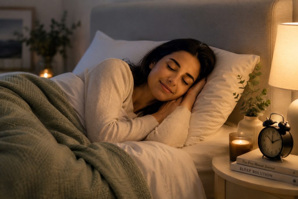 Woman sleeping peacefully in a cosy bed at night with soft lighting, comfortable bedding and a relaxing bedroom environment.