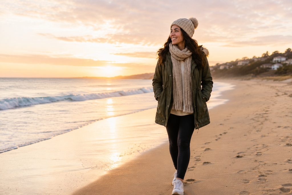 Woman in a winter coat, scarf and beanie walking along a quiet beach at sunrise, enjoying fresh air, movement and a peaceful moment of self-care.