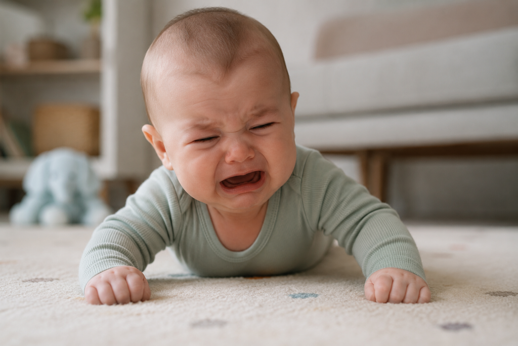 A baby lying on their tummy during supervised tummy time appears upset while trying to lift their head on a soft play mat at home.