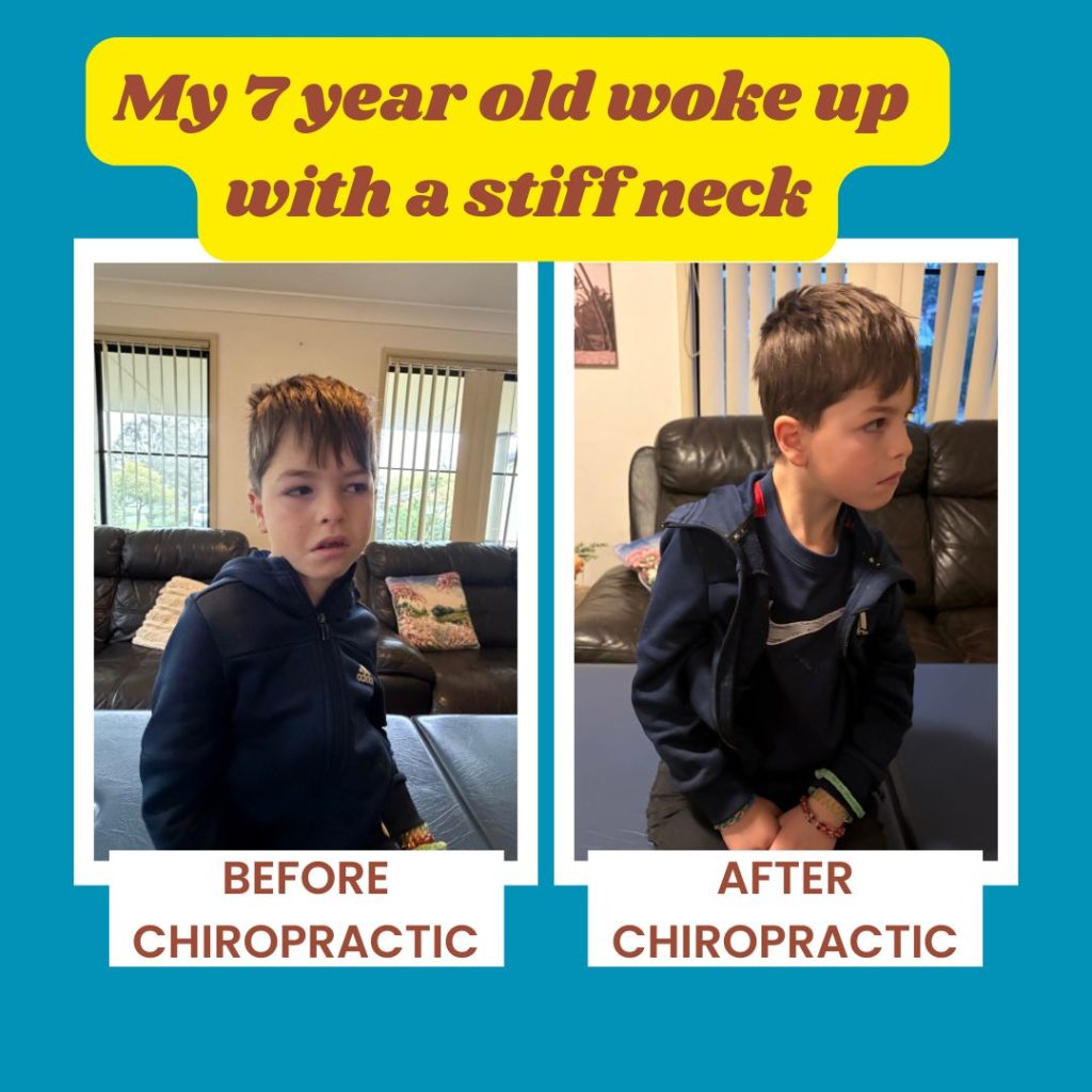 "Before and after images of a 7-year-old boy experiencing acute neck stiffness. In the first image, he appears uncomfortable and unable to turn his head to the left due to pain. In the second image, taken after chiropractic care, he is able to rotate his head significantly further with improved movement and less discomfort."