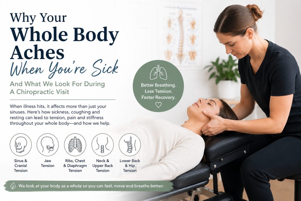 Female chiropractor performing gentle cranial and neck treatment on a patient recovering from a cold while highlighting common areas assessed during a chiropractic visit, including the sinuses, jaw, chest, ribs, diaphragm, neck, upper back and lower back.