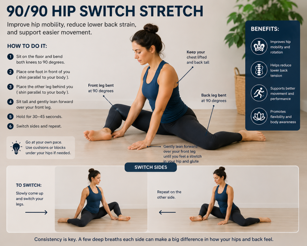 Person performing a 90/90 hip switch stretch while seated on a yoga mat with both knees bent at 90 degrees to improve hip mobility and support lower back movement.