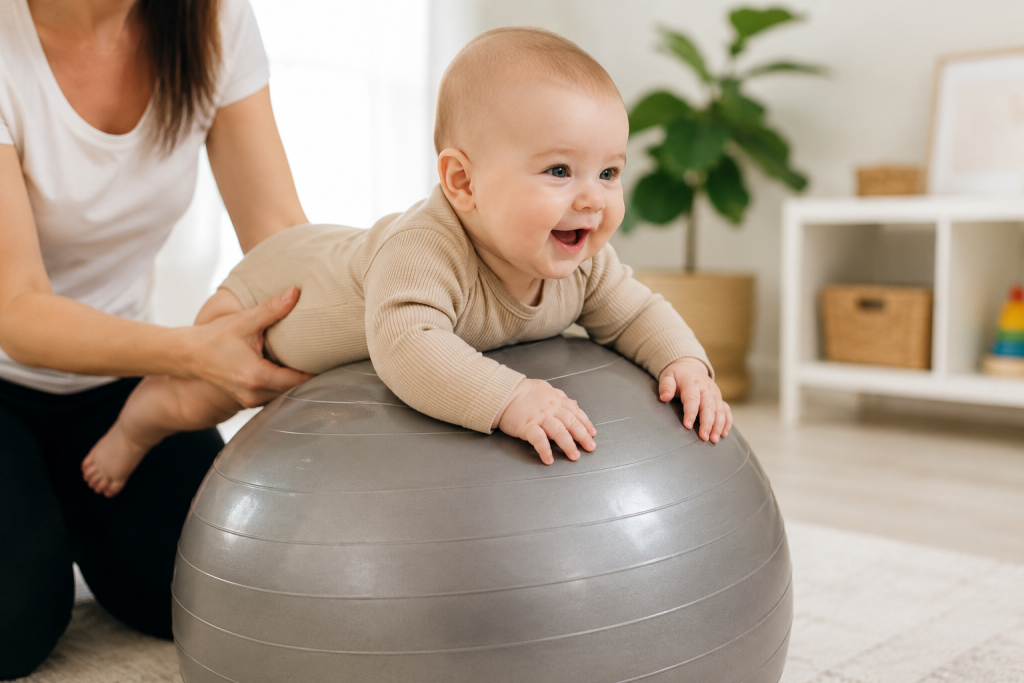 A smiling baby practises supervised tummy time on a Swiss ball while being securely supported by a caregiver in a bright home environment.