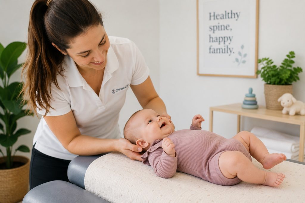 A female paediatric chiropractor gently assessing a relaxed baby during a chiropractic consultation in a bright, family-friendly clinic.