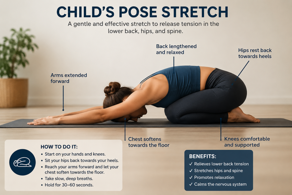 Person demonstrating the child's pose stretch on a yoga mat with hips resting towards the heels and arms extended forward to gently stretch the lower back, hips and spine.