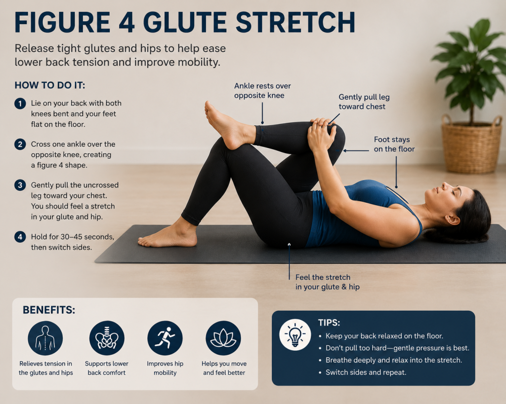 Person lying on their back performing a figure 4 glute stretch by crossing one ankle over the opposite knee and gently pulling the supporting leg towards the chest to stretch the glutes and hips.
