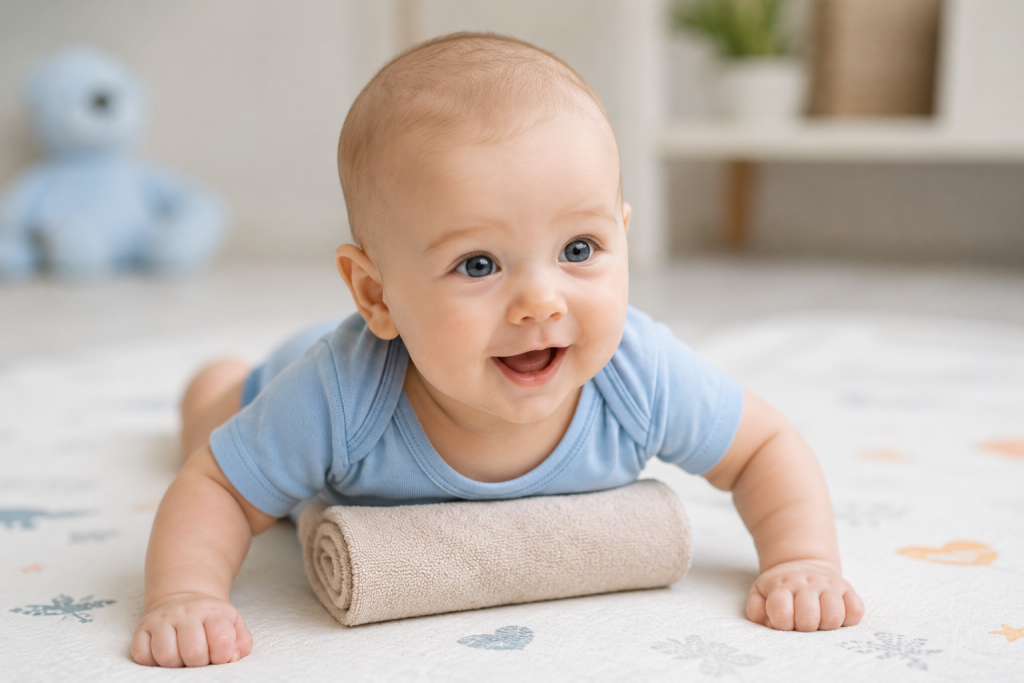 A smiling baby practises supervised tummy time on a rolled up towel supervised in a bright home environment.