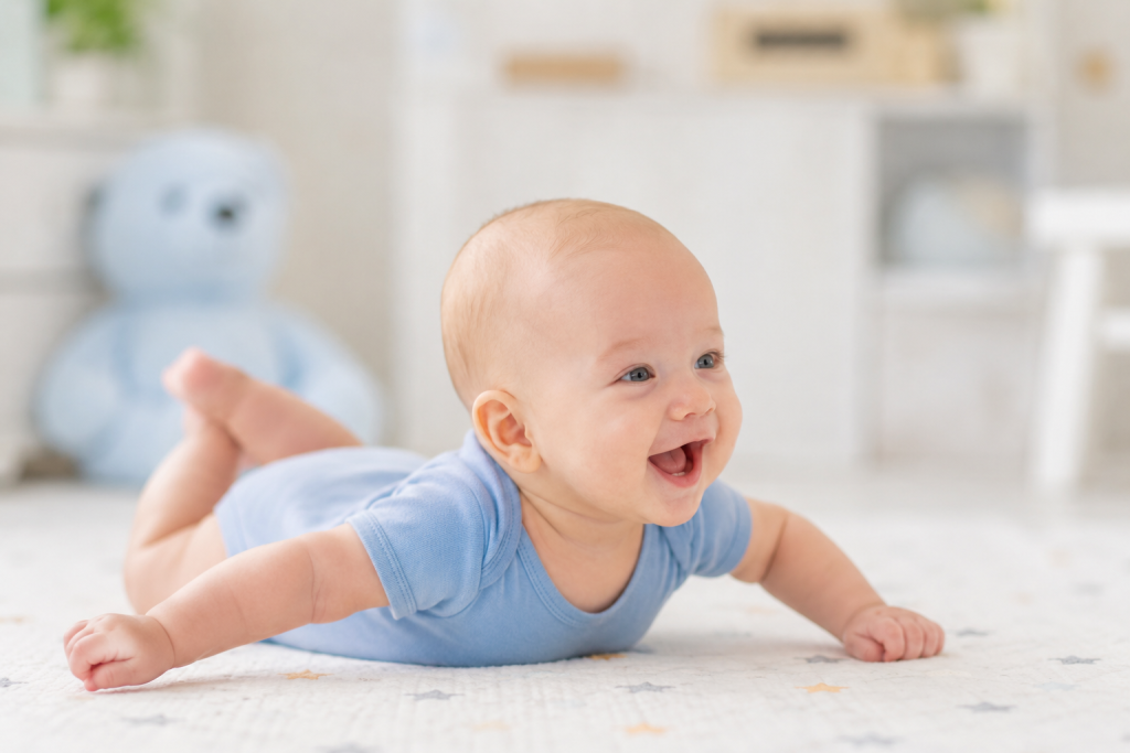 A smiling baby in a blue onesie happily practising supervised tummy time on a soft play mat in a bright nursery.