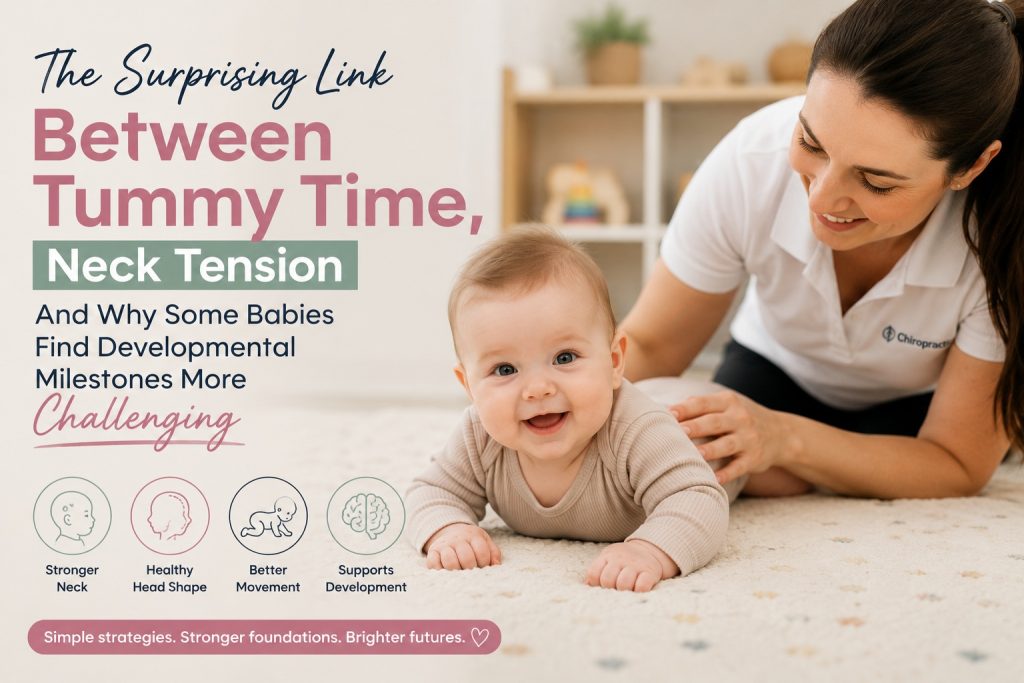 A smiling baby practising tummy time while being gently supported by a female paediatric chiropractor, illustrating the connection between tummy time, neck tension and early development.