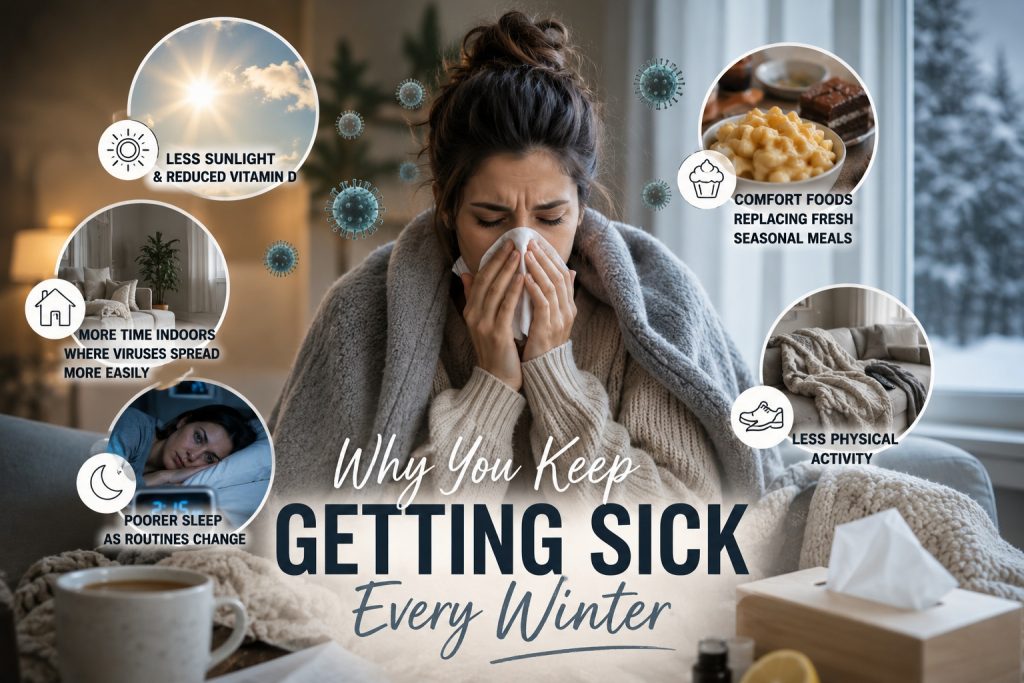 Infographic showing common winter lifestyle factors that may contribute to frequent illness, including low sunlight, poor sleep, indoor living, unhealthy eating habits and reduced exercise.