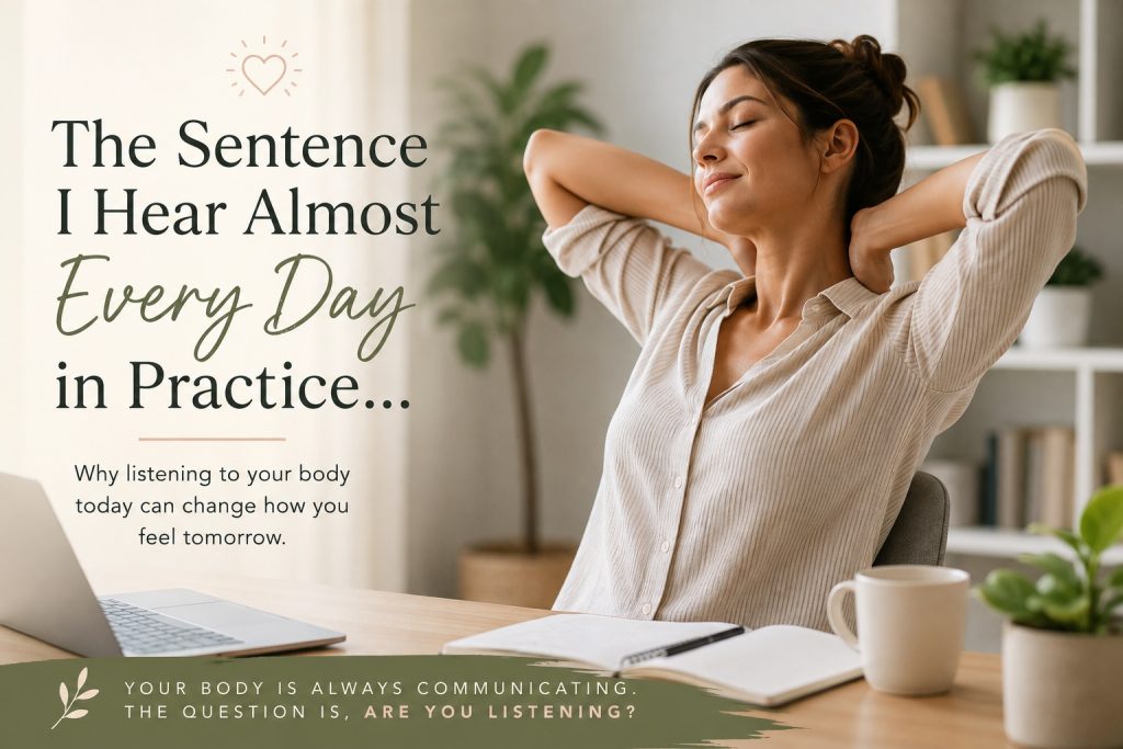 Woman taking a mindful break from work by stretching her neck and shoulders, representing the importance of listening to your body before tension and discomfort become bigger problems.