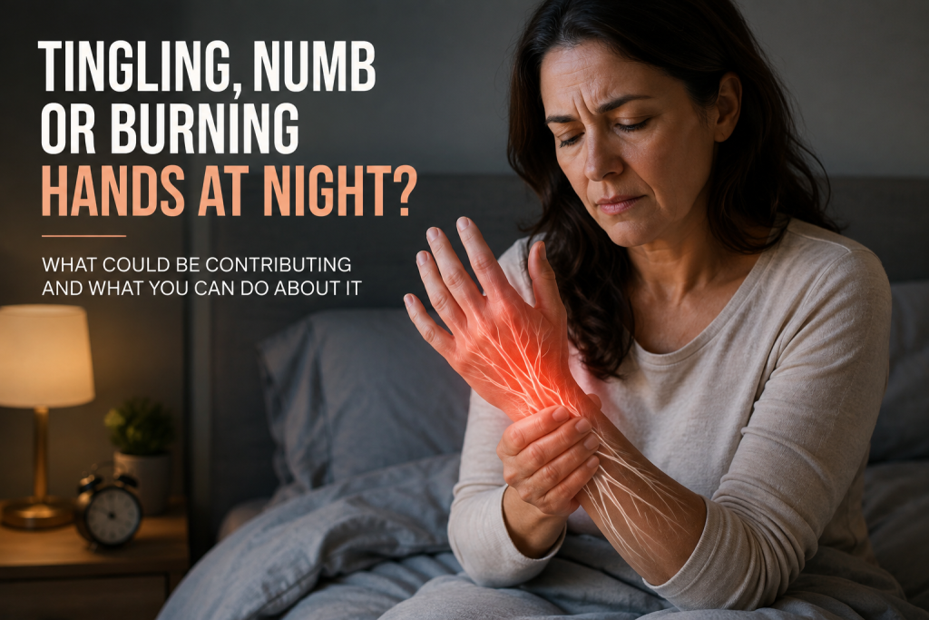 Woman sitting on bed at night holding her wrist with a burning sensation in her hand, representing tingling, numbness and burning hands at night.