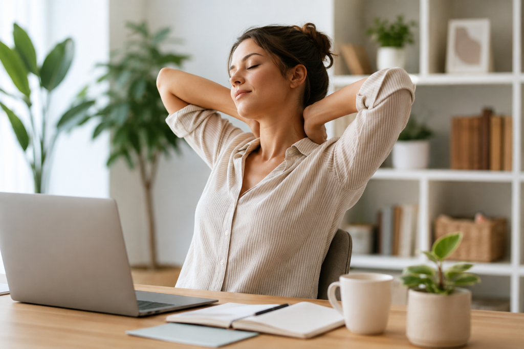 Woman stretching her neck and shoulders while working at a desk, illustrating the early signs of neck tension, stress and muscle tightness that many people ignore during a busy day.