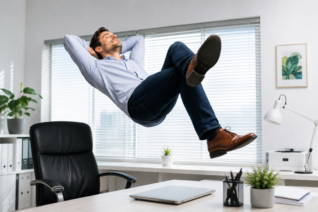 Professional man leaning back from his desk with his hands behind his head, taking a mindful break from work to relieve built-up tension and reconnect with his body.