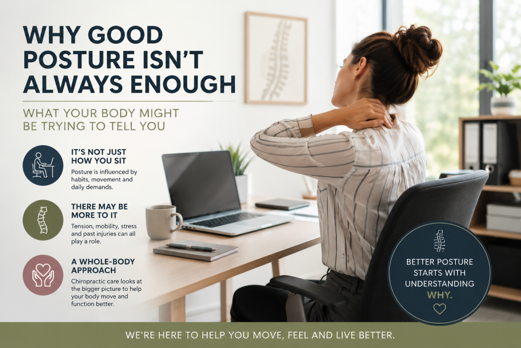 Woman at a desk holding her neck with an infographic explaining posture, movement, tension, mobility and whole-body chiropractic care.