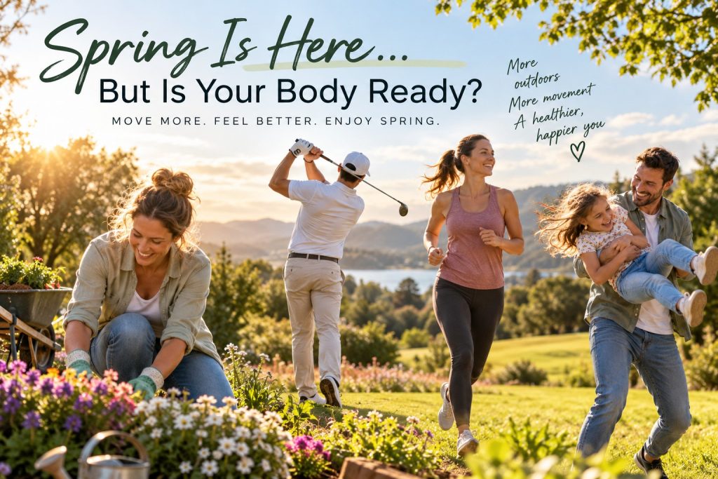 People gardening, golfing, running and playing with family outdoors as activity levels increase during spring.